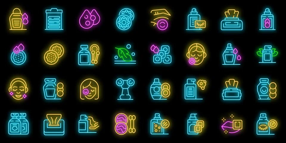 Make-up removal icons set vector neon Stock Illustration
