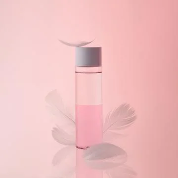 Make-up remover. Double transparent liquid in a bottle on a pink background. Stock Photos