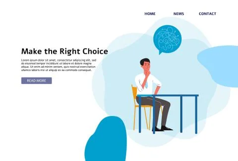 Make the right choice - flat banner of cartoon businessman thinking behind table Stock Illustration