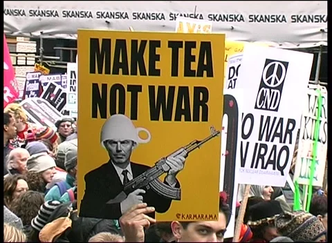 Make Tea Not War Banner at Anti-War Protest London  15th Feb 2003 Stock Footage 238087422