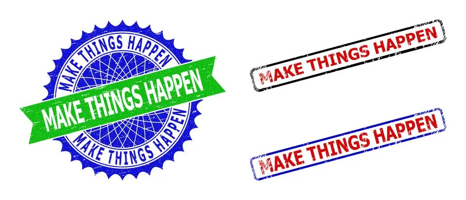 MAKE THINGS HAPPEN Rosette and Rectangle Bicolor Watermarks with Corroded Stock Illustration