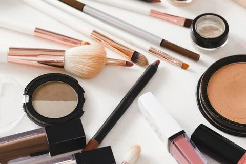 Make-up tools and decorative cosmetics, eyes shadow with foundation Stock Photos