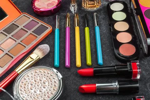 Make up tools. concept of green eco cosmetics and makeup Stock Photos