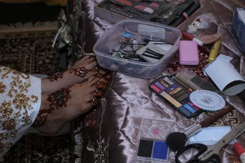 Make-up tools during the make-up process Stock Photos