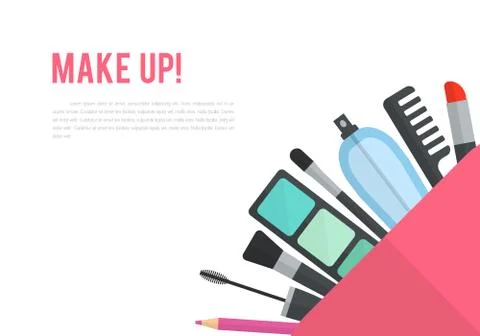 Make up vector flat illustration with lipstick, comb, brush, pal Stock Illustration