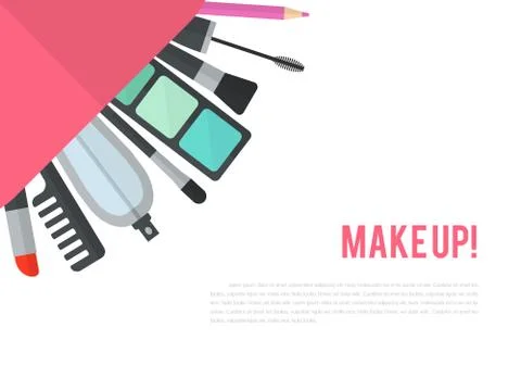 Make up vector flat illustration with lipstick, comb, brush, pal Illustrazione stock