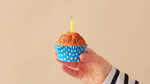 Make a wish and blow out the candle on birthday cupcake Stock Footage 169814625