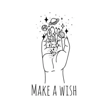 Make wish linear hand holding stars and planets Stock Illustration