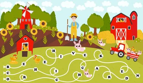 Make words from letters labyrinth, printable worksheet for studying english for Stock Illustration