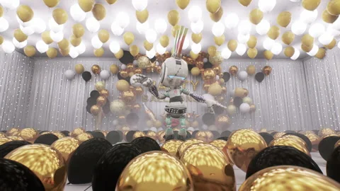 Make your musical clip of the fun robot dancing at the balloon party 01 Stock Footage 168514540