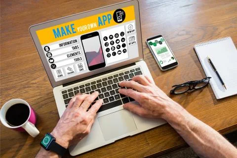 Make your own app smartphone against businessman using a laptop 스톡 사진