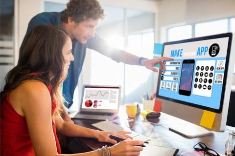 Make your own app smartphone against business people working together 库存照片