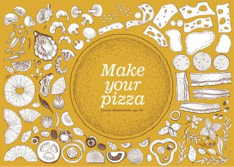 Make your pizza set of hand drawn illustrations for pizza. Vector isolated. Can Stock Illustration