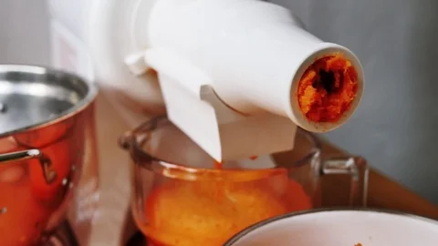 Makeing fresh carrot juice with a masticating juicer Stock Footage 79315857