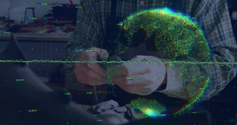 Maker at bench initiating 3D scanning clay sculpture generating point cloud Stock Footage 317593602