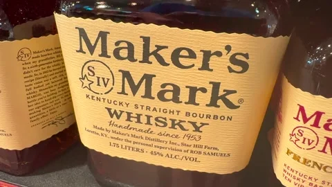 Maker's Mark Whisky bottles on store Shelf Stock Footage 250403500