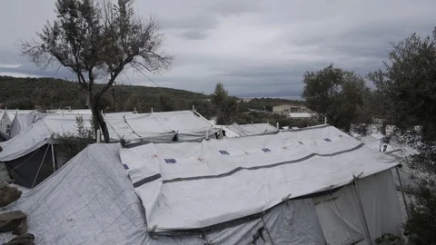 Makeshift camp outside Moria refugee camp Stock Footage 116388471