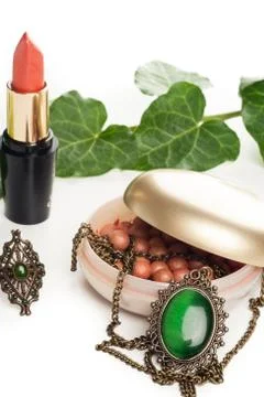 Makeup accessories with necklace Stock Photos