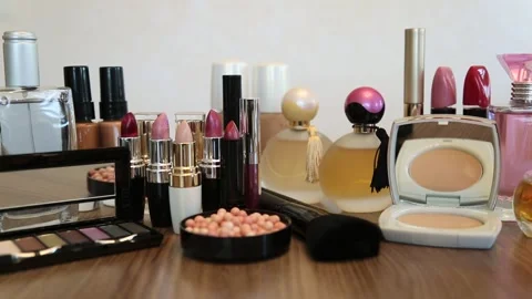 Makeup and Cosmetics Collection on Table Stock Footage 344912258