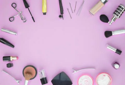 Makeup and Cosmetics Flat lay with copy space Stock Photos