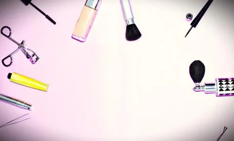 Makeup and Cosmetics Flat lay with copy space 스톡 사진