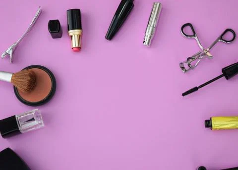 Makeup and Cosmetics Flat lay with copy space 스톡 사진