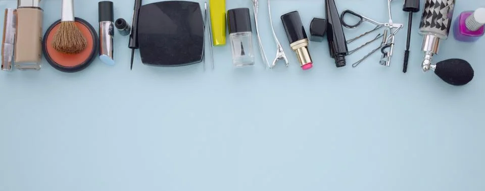 Makeup and Cosmetics Flat lay with copy space 스톡 사진