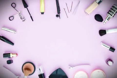 Makeup and Cosmetics Flat lay with copy space Stock Photos