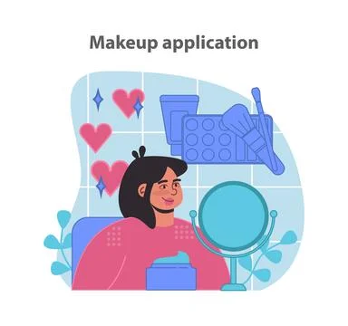 Makeup application tutorial. A cheerful woman engages with various cosmetics. Stock Illustration