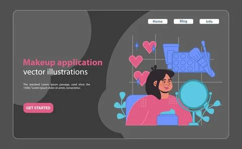 Makeup application tutorial. A cheerful woman engages with various cosmetics. Stock Illustration