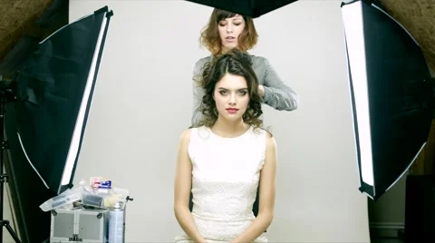 Makeup applying. White dress Stock Footage 59958417