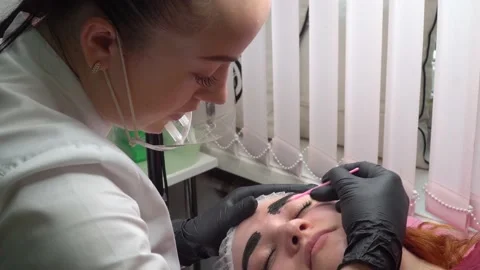 Makeup artist apply paint on client eyebrows close up. Concept makeup and Stock Footage 231508326