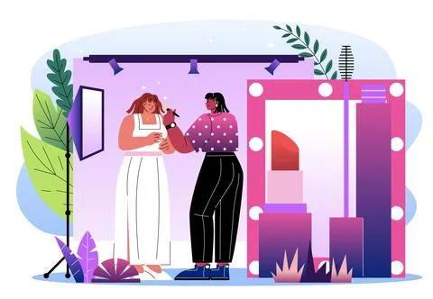Makeup artist applying cosmetics backstage. Vector illustration Stock Illustration