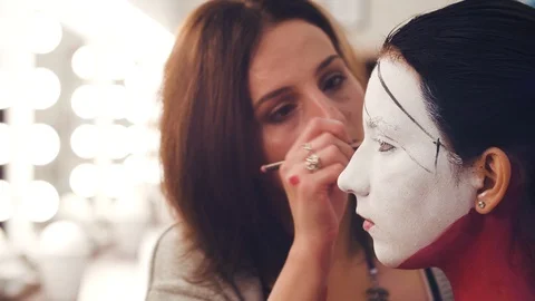 Makeup artist drawing the line on the model's face Stock Footage 88811904
