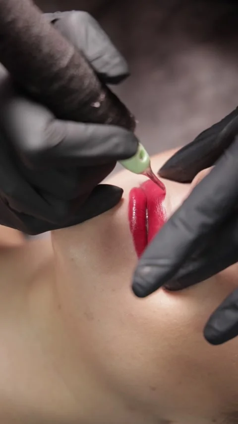 Makeup Artist Drawing Lips with a Tattoo Machine Video stock 300481176
