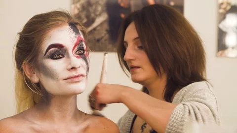 Makeup artist drawing on the model's face Stock Footage 88812903