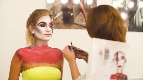 Makeup artist drawing on the model's face Video stock 88812980