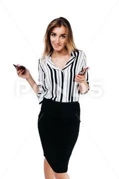 Makeup artist girl on a white background with brushes Stock Photos