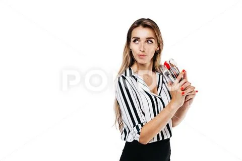 Makeup artist girl on a white background with brushes Stock Photos