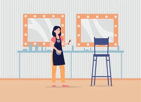 Makeup artist in studio interior - cartoon woman in backstage room Stock Illustration