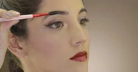  Makeup Artist uses a brush for eyebrows Stock Footage 196007709