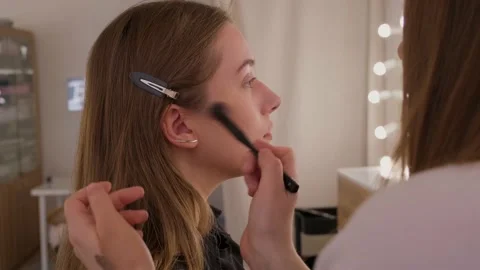 Makeup artist uses brushes and applies foundation to the model's face. Video stock 199839167