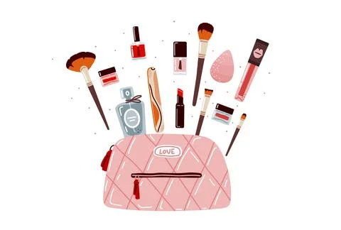 Makeup bag with decorative cosmetics on white background.Flat illustration Stock Illustration