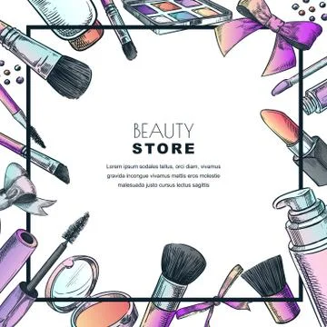 Makeup banner, poster or label design template.Sketch vector illustration of Stock Illustration