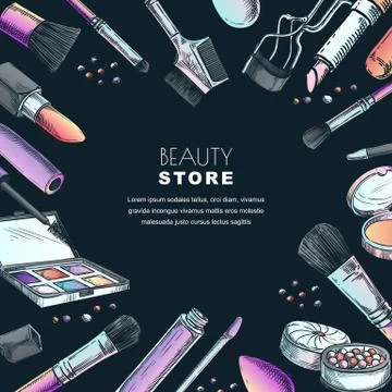 Makeup banner, poster or label design template.Sketch vector illustration of Stock Illustration