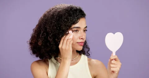 Makeup, blender or woman in studio with mirror, coverage and sponge in self Stock Footage 318510127