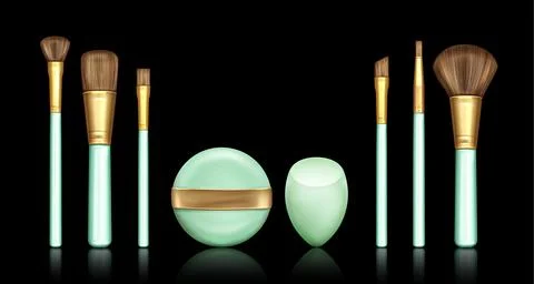 Makeup brush and sponge set isolated on black Stock Illustration