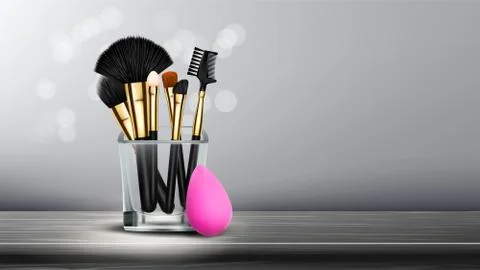 Makeup Brush Banner Vector. Cosmetic Background. Eye Beauty. Professional Object Stock Illustration