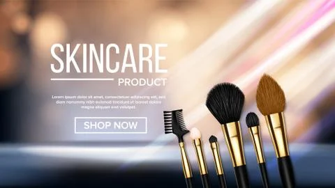 Makeup Brush Banner Vector. Cosmetic Beauty Tools. Realistic Isolated Illustrazione stock