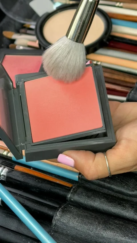 Makeup brush picks up blush from a cosmetic palette in close up, professional Stock Footage 342497137